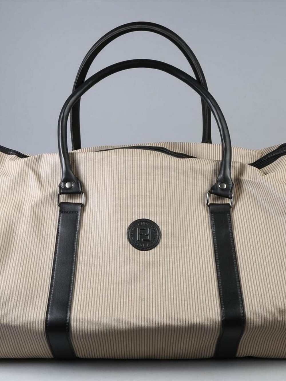 Fendi Uomo Parfums VTG AUTH 1925 Logo, Tan Canvas, Brown Leather Trim Duffel Bag
